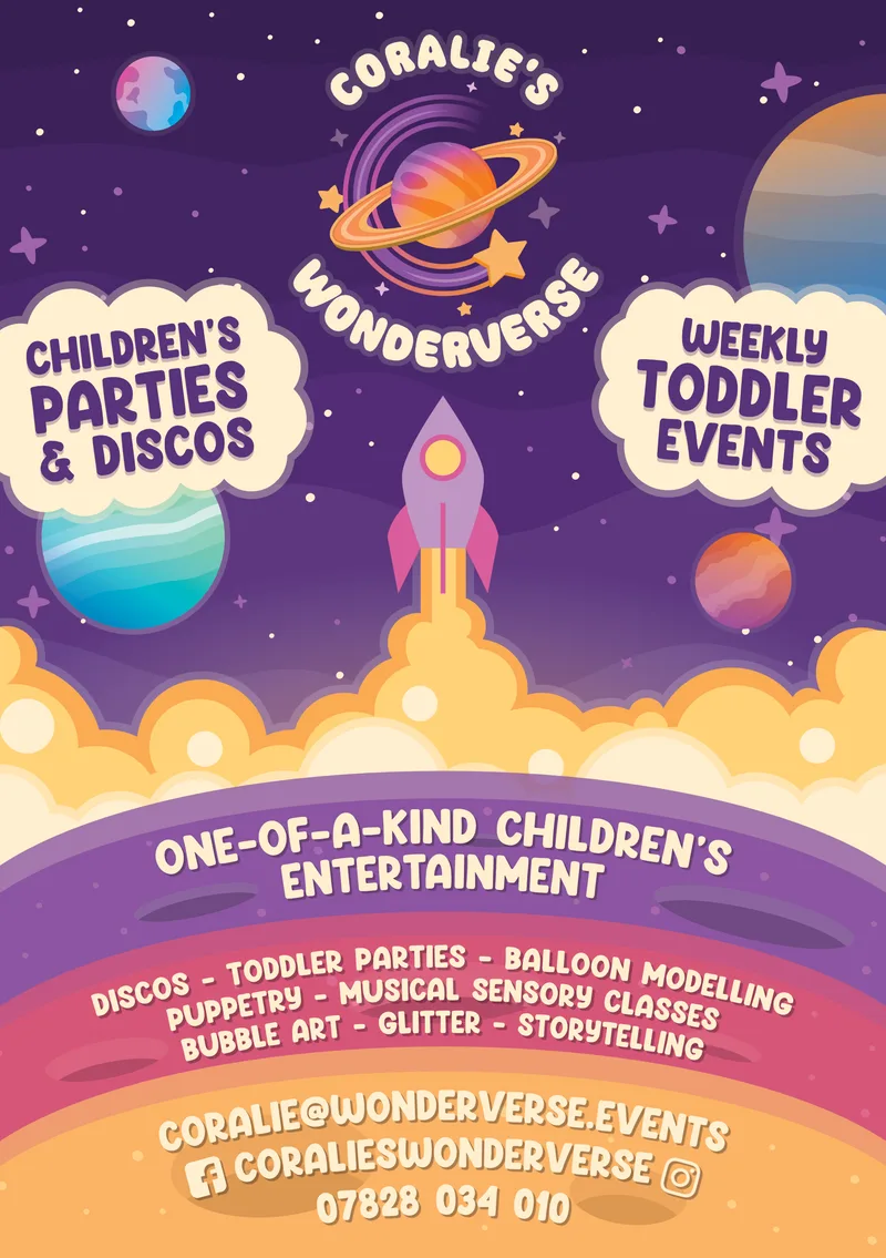 Coralie's Wonderverse flyer listing discos, toddler parties, balloon modelling, puppetry and more
