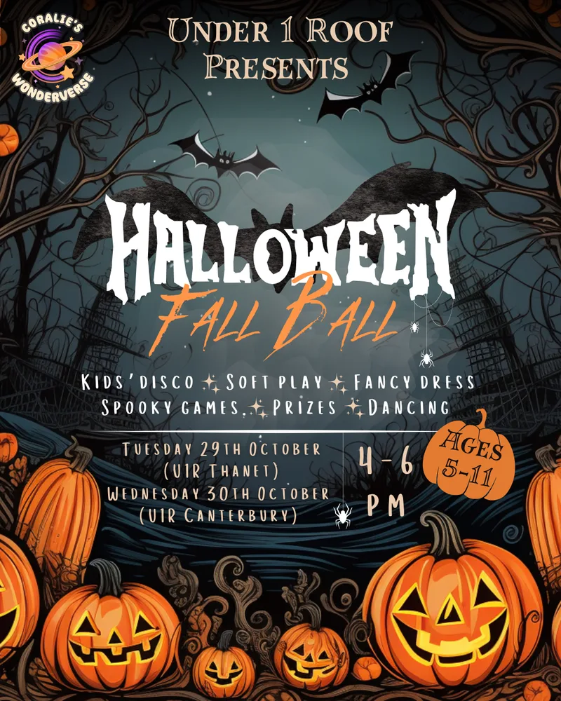 Halloween Fall Ball poster: kids disco, soft play, fancy dress and spooky games